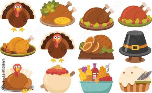 Thanksgiving Turkey & Food Clip Art Pack vector on white background