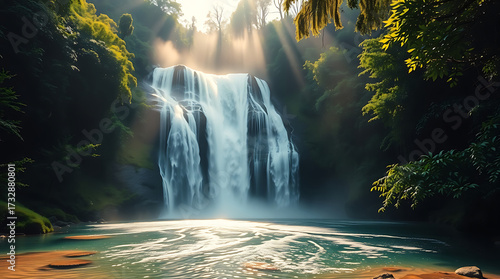 Majestic Jungle Waterfall with Mist and Sun Rays
