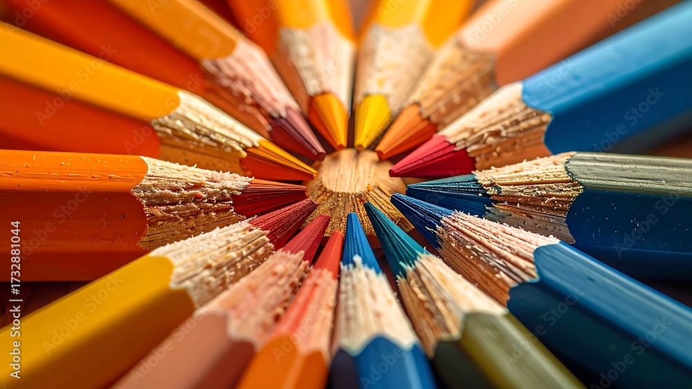 Naklejka premium Brightly colored pencils arranged in a circular pattern design, ideal for school supplies store promotions, educational materials, and artrelated projects.