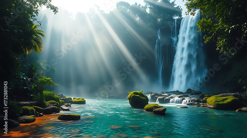 Majestic Jungle Waterfall with Mist and Sun Rays