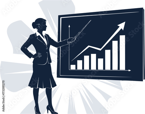 Business woman presenting a growing financial graph on a whiteboard in a modern office setting, symbolizing success and development