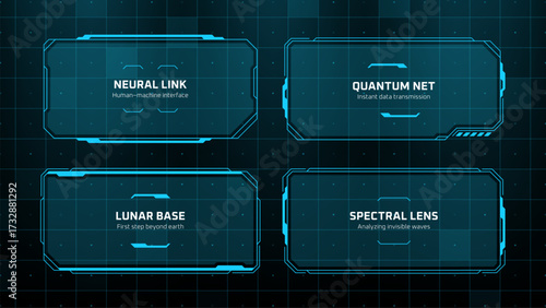 Set of future hud vector graphics interface frames. Elements for gui design with neural link, quantum net, lunar base, spectral lens titles.