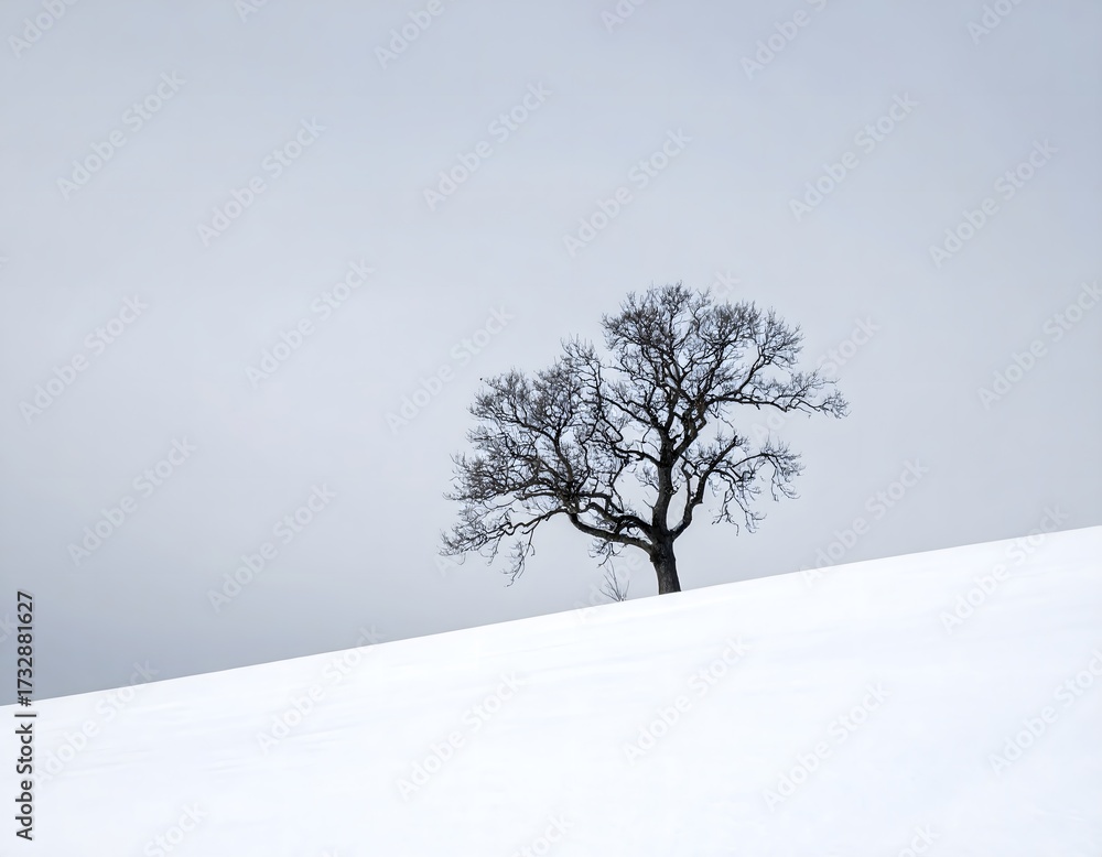Fototapeta premium A solitary bare tree stands on a snowcovered hill under a pale, overcast sky, evoking a sense of winters stark beauty and isolation