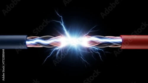 Dramatic electrical arc ignites between exposed copper wires creating a powerful energy surge on black background