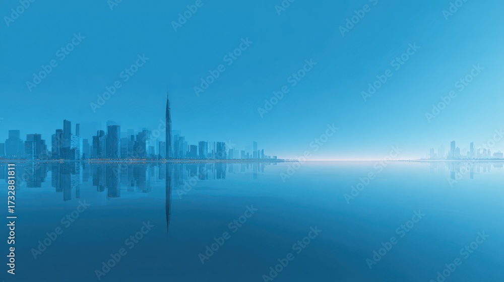 Fototapeta premium Cityscape reflection abstract architectural scene with water and sky