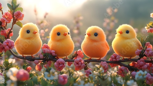 Four cute chicks on blossoms