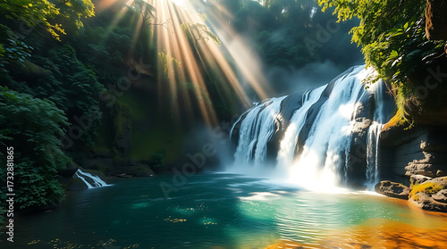 Majestic Jungle Waterfall with Mist and Sun Rays