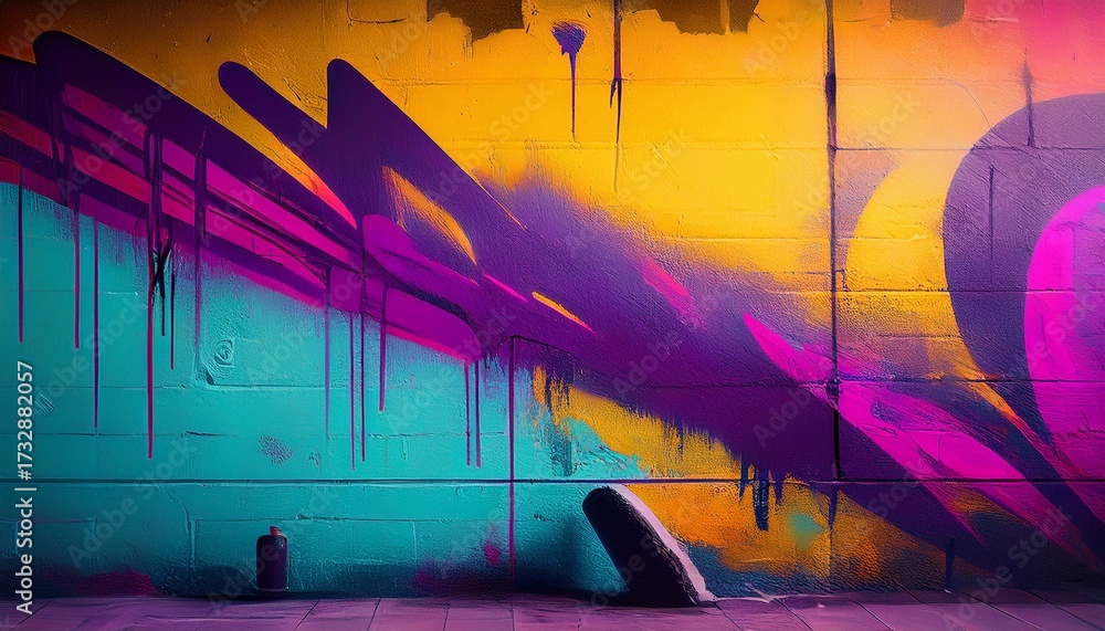 Naklejka premium graffiti art with neon purple aqua yellow on textured wall urban 90s y2k aesthetic vibrant street style posters digital art creative banner modern 2000s visuals