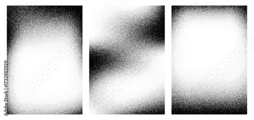 Set of three noise grain vector abstract textures. Stipple pattern for overlay. Black grit on white background.