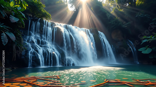 Majestic Jungle Waterfall with Mist and Sun Rays