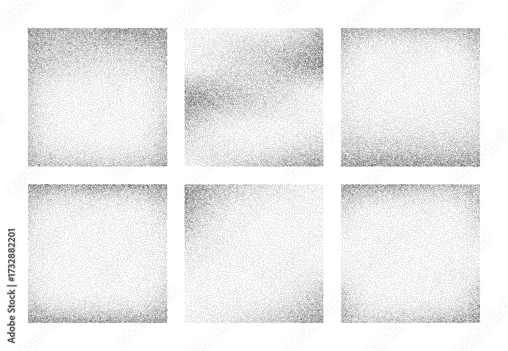 Fototapeta premium Set of black dot textures on white background. Abstract stipple grain art. Dotted grunge pattern for overlay. Noise vector illustration.
