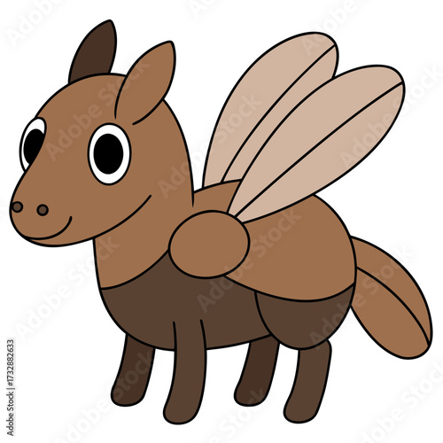 Whimsical brown pegasus cartoon illustration with thick black outlines