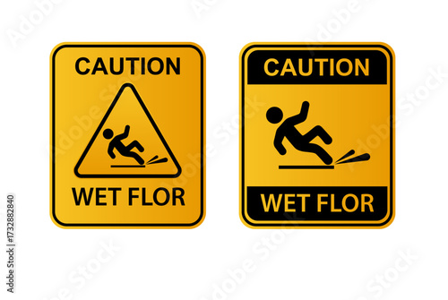 Wet floor signs. Hazard slippery surface wet floor sign. Caution orange signs plate. Vector