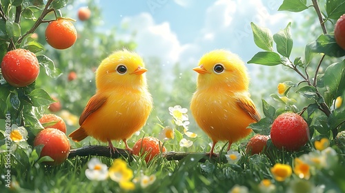 Two cute yellow birds in garden setting
