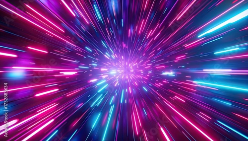 Abstract digital artwork depicting a vibrant, high-speed light tunnel effect with pink and blue neon streaks converging towards a bright center