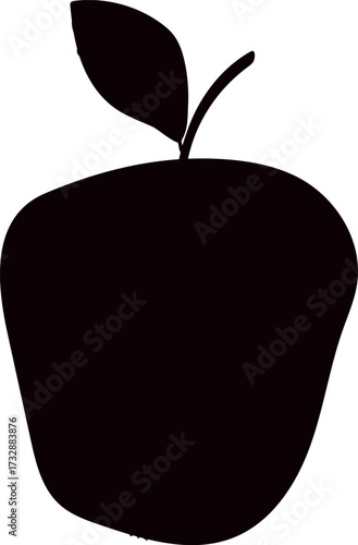 Black silhouette of apple with leaf isolated on white background
