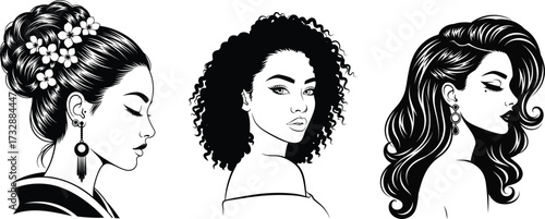 Diverse Women's Beauty Vector Set - Elegant Black and White Illustrations for Curly Hair, Floral Updo, and Retro Waves