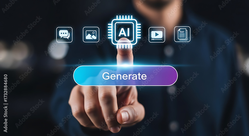 Fototapeta premium Person touching generate button with ai and media icons, conceptual of artificial intelligence media content creation.