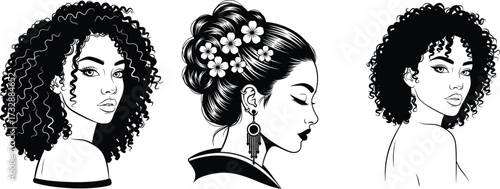 Diverse Beauty Portrait Set - Retro Vector Illustration of Women with Curly and Floral Updo Hairstyles, Black and White