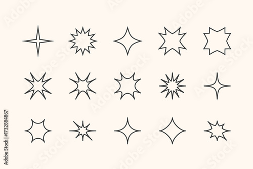 Sparkles and stars set, glowing lights, outline decorative twinkle and bursts forms, abstract shining flash symbols, y2k style basic shapes geometric graphic elements