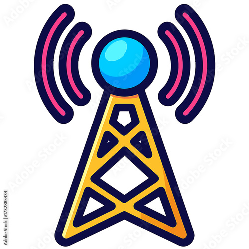 Modern communication tower icon emitting pink radio waves. Represents wireless connectivity, global telecommunications, internet, and mobile signal for widespread digital communication, ensuring relia