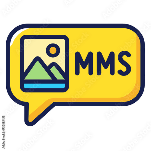 MMS (Multimedia Messaging Service) icon in a yellow speech bubble with an image placeholder, signifying digital communication, mobile messaging, and rich media content sending across all modern mobile