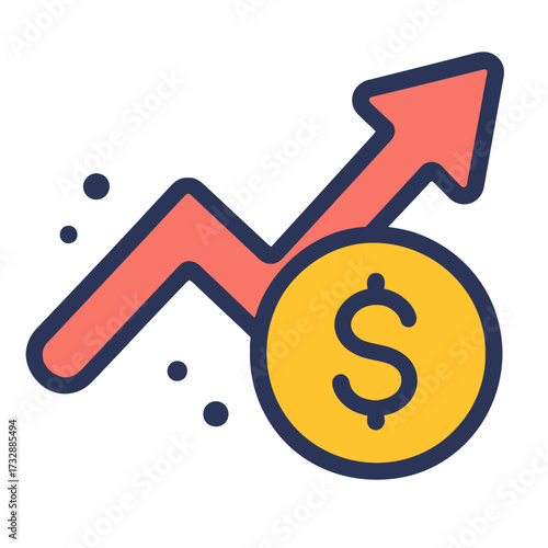 Dollar coin and upward arrow icon symbolizing robust financial growth. This vibrant image represents increasing profits, successful investments, wealth accumulation, market gains, revenue growth, and
