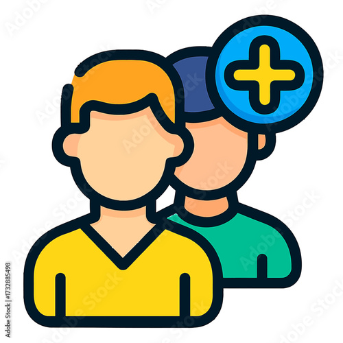 Digital representation of adding new members or connecting users to a social network, team, or community platform. A modern flat design icon symbolizing recruitment, friendship requests, or expanding
