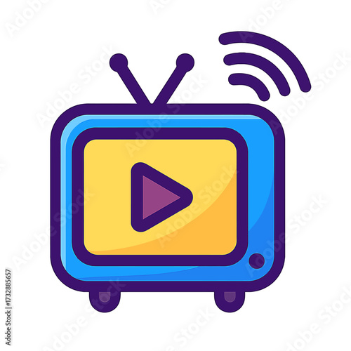 Vibrant retro television icon with rabbit-ear antennas & wireless signal, featuring a prominent play button on its screen. A nostalgic symbol of digital streaming, classic broadcasting, media entertai