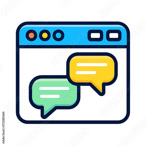 Web Browser Live Chat Communication Interface Icon: Modern vector graphic depicting an online messaging application with vibrant green and yellow speech bubbles, symbolizing real-time digital conversa
