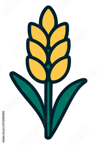 Stylized golden wheat ear illustration with vibrant green leaves on a dark gradient background. This minimalist cereal grain icon embodies agriculture, harvest, food, and nature themes. Perfect for we