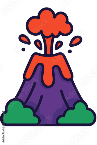 Vibrant cartoon volcano erupting with glowing orange lava, dark ash, and a purple mountain. Stylized nature illustration featuring bold outlines, green bushes, and smoke. Modern art representing Earth