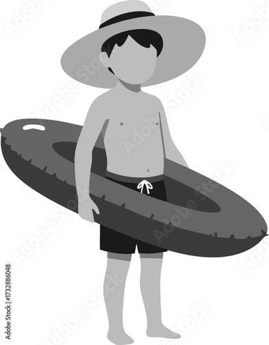 Boy wearing summer hat holding inflatable swim ring ready for swimming pool fun outdoors 