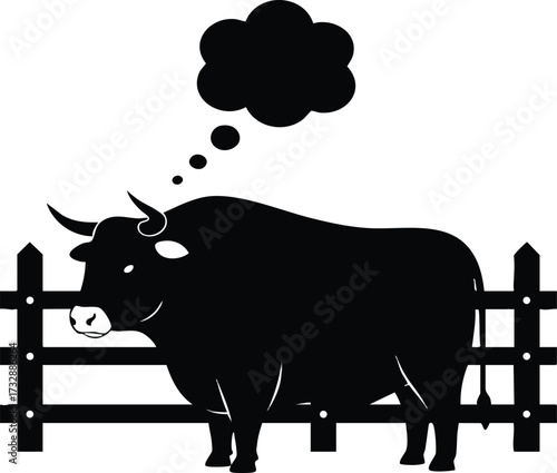 Black bull standing near wooden fence with thought bubble vector illustration for design and creativity concepts