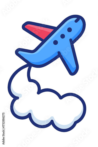Minimalist vector illustration of a vibrant blue airplane with a prominent red tail flying dynamically upwards, leaving a stylized white cloud trail against a deep, dark background, accented by a neon