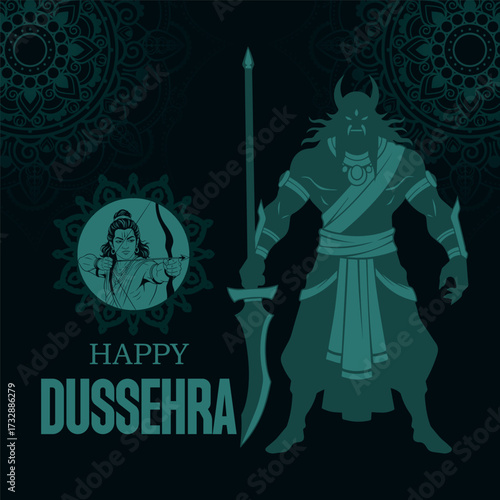 Imposing silhouette of a horned demon or warrior figure holding a massive sword against a dark, stylized background for a powerful Happy Dussehra concept.