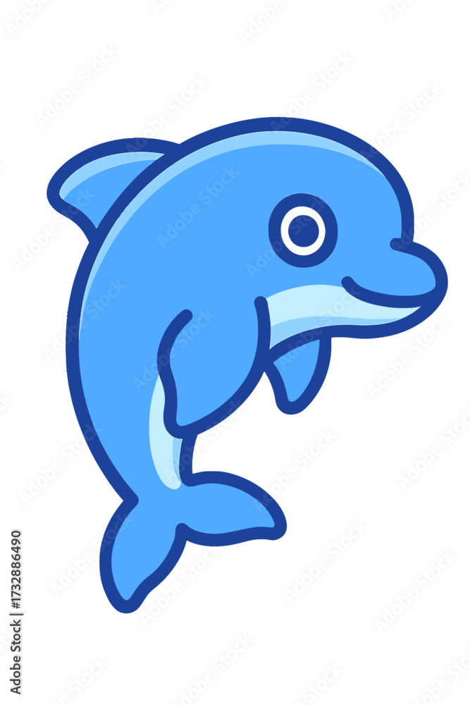 Fototapeta premium Cute blue cartoon dolphin icon with a vibrant glowing outline, representing a cheerful and friendly marine animal. Ideal for children's educational content, ocean-themed apps, playful digital designs,
