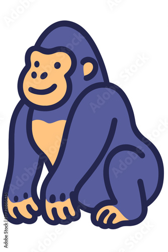 Smiling purple and peach cartoon gorilla illustration, flat design vector style. Friendly primate graphic for children's education, digital mascots, animal themes, branding. Cute, approachable charact