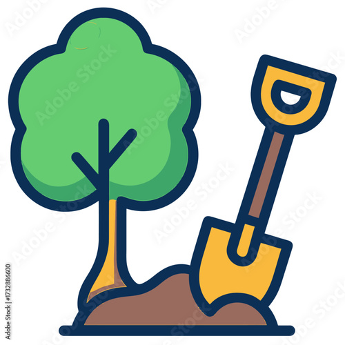 Iconic illustration of a young tree being planted next to a golden shovel, symbolizing growth, environmental care, gardening, reforestation efforts, sustainable living, ecological awareness, and green