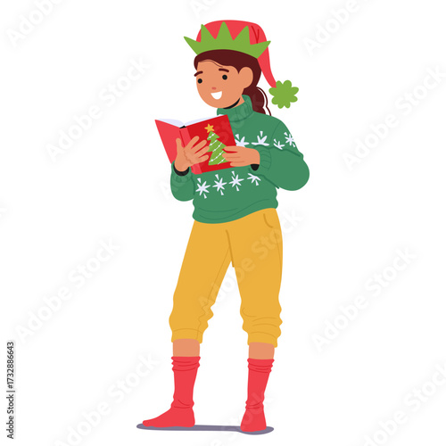 Cute little school girl child cartoon character wearing Christmas festive clothes reading book
