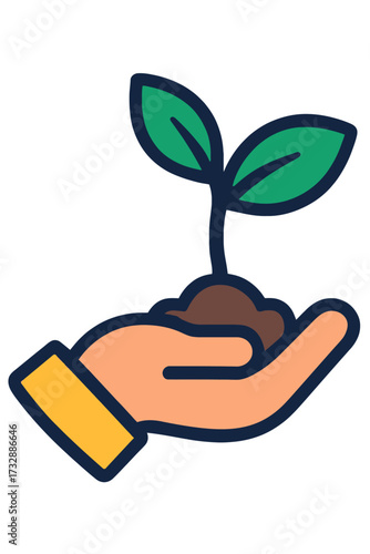 A stylized vibrant green seedling with two tender leaves sprouting from a small mound of rich brown soil, gently cradled in the outstretched palm of a caring human hand, symbolizing growth, new life,