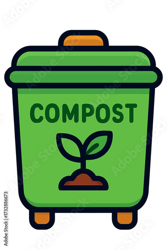 Vibrant Green Compost Bin Icon: Essential for Sustainable Organic Waste Recycling & Eco-Friendly Home Gardening, Featuring a Growing Sprout for Healthy Soil & Earth-Conscious Living Solutions, Perfect