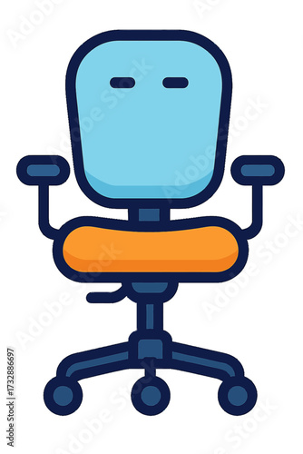 Stylized ergonomic office chair icon: vibrant blue backrest, striking orange seat, dark blue frame, adjustable armrests, and smooth-rolling casters. Ideal for modern workspaces, home offices, and digi