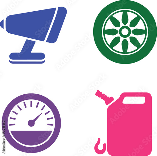 Four flat icons for automotive services and communication megaphone speaker