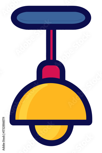 Modern yellow pendant ceiling lamp icon with a sleek dark blue outline and striking pink accent, perfect for minimalist interior design projects, electric lighting visuals, decorative illustrations, a