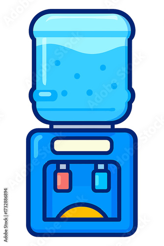 Modern water dispenser vector illustration featuring a large blue bottle for purified hydration. A perfect icon for office, home, or commercial use, equipped with hot and cold water taps. Clean, refre
