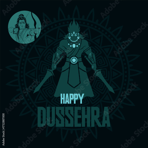 Dark, stylized illustration of a formidable warrior or demon figure holding two swords against a subtle mandala background, perfect for a Happy Dussehra concept.