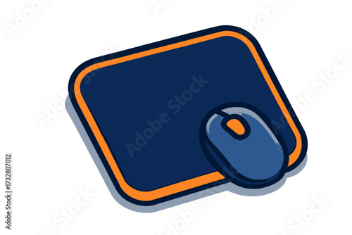 Blue computer mouse with red scroll wheel on dark navy mouse pad with orange border, against a dark gradient background. Essential input device for precise control and navigation, boosting productivit