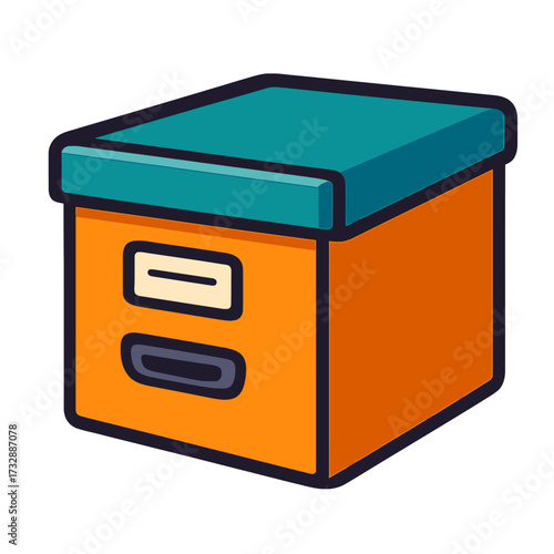 Vibrant cartoon illustration of an orange archive storage box with a teal lid, a label holder, and a handle, ideal for digital asset management, efficient file organization, and document storage in a