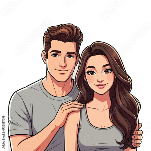 High-Detail Modern Comic Style Illustration of a Smiling Couple. Attractive Man and Woman Portrait Isolated on Transparent Background.